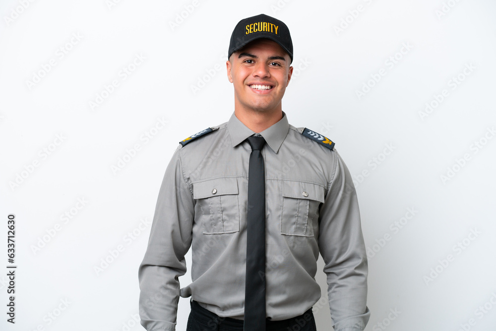 Wall mural young caucasian security man isolated on white background laughing