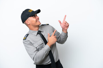 Young caucasian security man isolated on white background pointing with the index finger a great...
