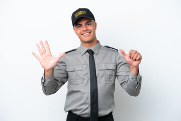 Young caucasian security man isolated on white background counting six with fingers