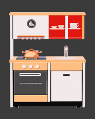 color vector illustration depicting kitchen furniture, for the design of banners, flyers, postcards and scenes
