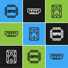 Set line Processor with CPU, Hard disk drive HDD and RAM, random access memory icon. Vector