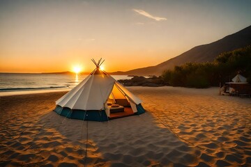 Glamping classic tent at sunset beach