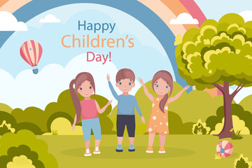 International Children's Day. Ready template for printing. Happy children in the park play under the rainbow.