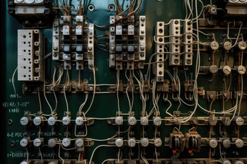 Macro shot of an electrical panel with intricate circuitry and various components arranged in an orderly fashion