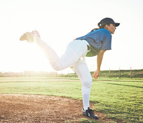 Baseball, pitching and sports person outdoor on a pitch for performance and competition....