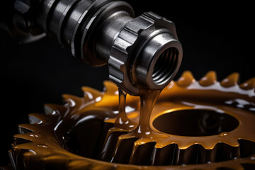 Macro shot of gear oil being poured into a metal gearbox, revealing its flowing properties and smooth texture