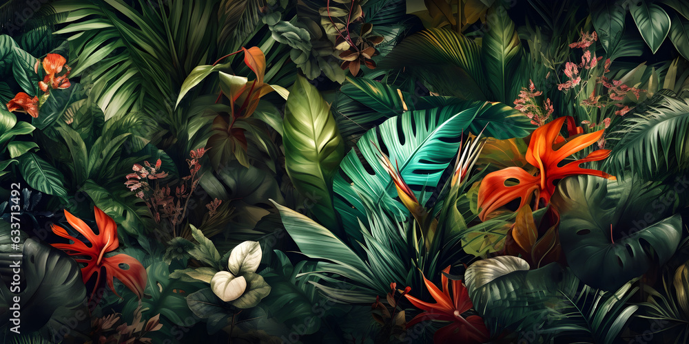 Sticker Tropical background illustration with leaves and flowers