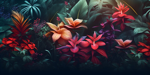 Fototapeta na wymiar Tropical background illustration with leaves and flowers