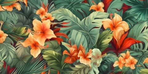 Foto auf Acrylglas Tropical background illustration with leaves and flowers © AhmadSoleh