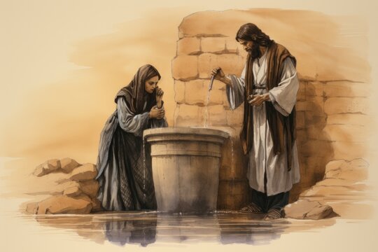 Sustenance and Salvation: Figure at the Well, Another by, Drawing from Jesus' Living Water Message to the Samaritan Woman Generative AI