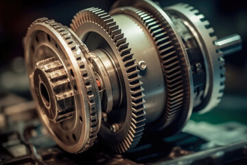 Macro image of a powerful electric motor with intricate wiring and industrial gears in motion