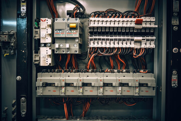 Macro image of an electrical panel with various circuit breakers, fuses, and other protective devices used to safeguard electrical systems