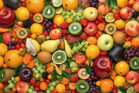 Fresh fruits as background. Top view of natural fruits, full screen image