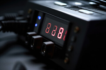 Macro shot of a power supply unit with an LED display and adjustable voltage controls