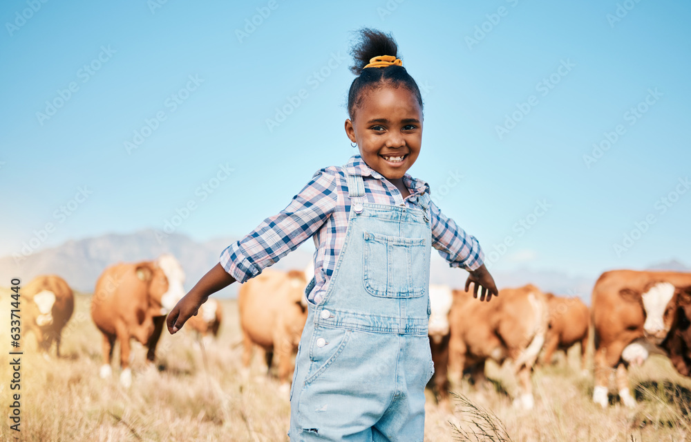 Poster Farm, cows and portrait of girl with open arms for ecology, adventure and agriculture in field. Countrysid , sustainable farming and happy African kid for freedom, relax and learning with cattle