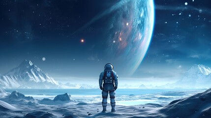 futuristic scene of an astronaut, space planet with a breathtaking landscape