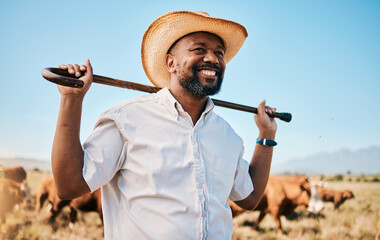 Cows, thinking or happy black man on farm agriculture for livestock, sustainability and agro business in countryside. Smile, dairy production or farmer farming a cattle herd or animals on grass field