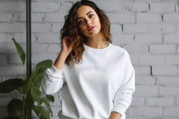 gorgeous curly woman in white mockup sweater lifestyle mock up ai generated art - obrazy, fototapety, plakaty
