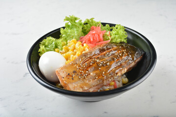 japanese bbq grill teriyaki salmon seafood with boiled onsen egg, corn, red ginger and rice in black bowl on wood tray white marble table background chef cook healthy poke bowl halal food menu
