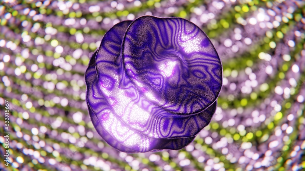 Poster abstract 3d glowing background. glitter blob with purple wavy texture and green waves in the back. b