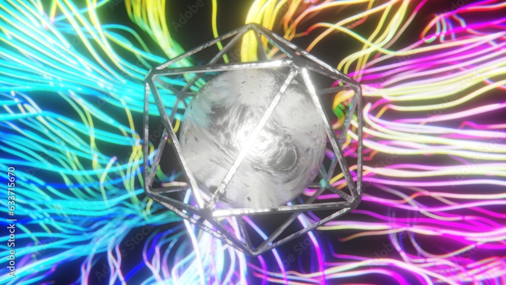 Poster Abstract 3D neon glowing background. Metal sphere with distorted texture and colorful electricity in the back. Rainbow colors wallpaper. Sci-fi style. 4K Computer Graphics Render