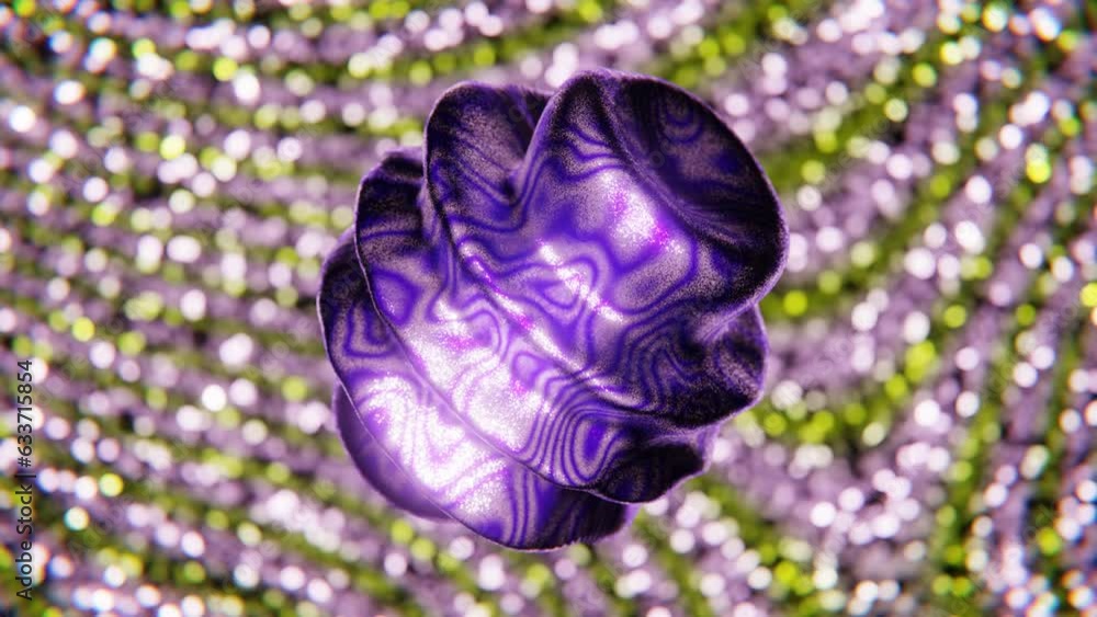 Poster abstract 3d glitter looped background. morping blob with purple wavy texture and green waves in the 