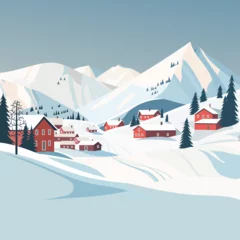 Foto op Plexiglas Nature and landscape. Vector illustration of winter landscape against the backdrop of mountains and a ski village. Picture for background, card or cover © oksaoksaoksa