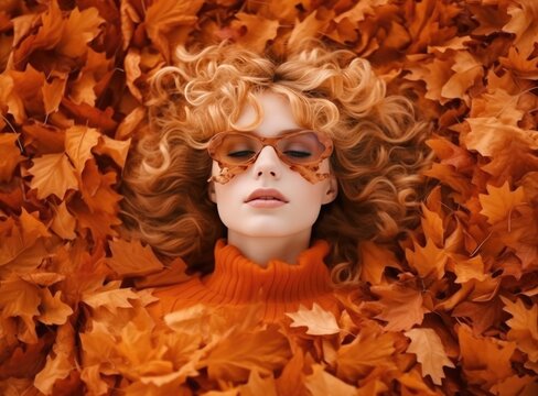 Young lady lies laying in a pile of autumn leaves
