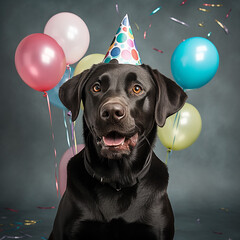 ai generated black dog labrador in a party hat near air balloons