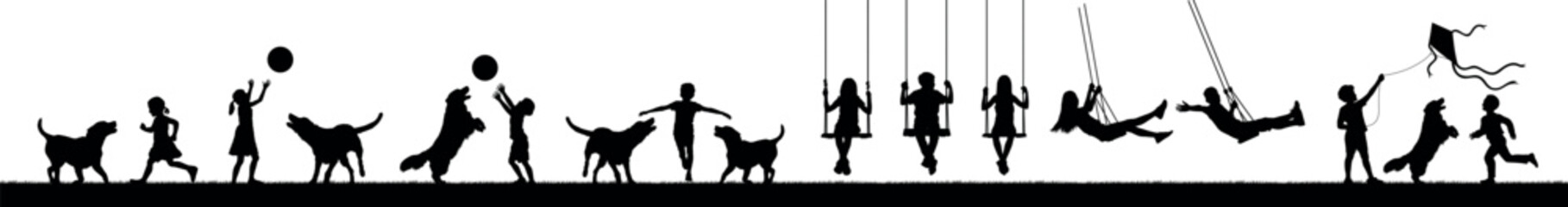 Children playing with dogs and swinging outdoor activities on grass field silhouette set. Kids swinging vector silhouette. 