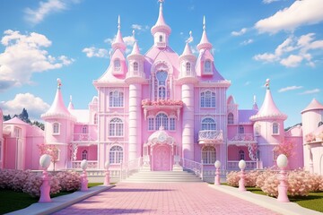 Enchanting pink castle house nestled in a whimsical landscape, Generative AI