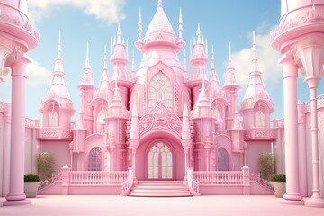 Enchanting pink castle house nestled in a whimsical landscape, Generative AI