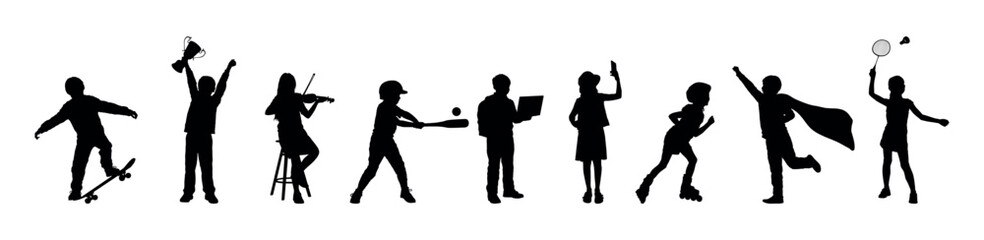 Children various activities hobbies and sports  in row vector silhouette set collection.