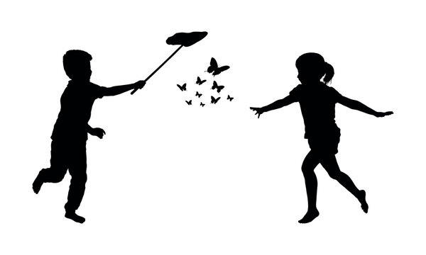 Kids chasing butterflies vector silhouette.