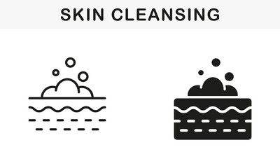 Skin Cosmetic Procedure Symbol Collection. Cream, Gel, Shampoo, Mousse on Face, Body Skin Pictogram. Foam Bubble on Skin for Deep Cleansing Line and Silhouette Icon Set. Isolated Vector Illustration