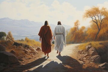 Journey of Faith Renewed: Two Figures on Path, Joined by a Third, Reminiscent of Jesus' Revealing Himself to Disciples Generative AI - obrazy, fototapety, plakaty