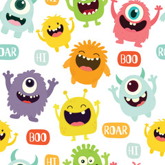 Cute monster seamless pattern, monster vector illustration background - 633717098