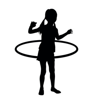 Little girl playing with hula hoop on white background vector silhouette.