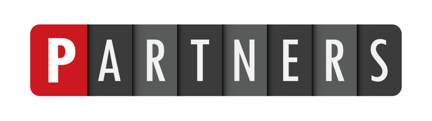 PARTNERS gray vector typography banner with initial letter highlighted in red