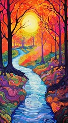 Vivid Nature Escape: Colorful Phone Background of Forest and River