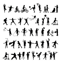 Kids indoor and outdoor activities black silhouette. Silhouettes of children various poses activities hobbies and sport set collection.