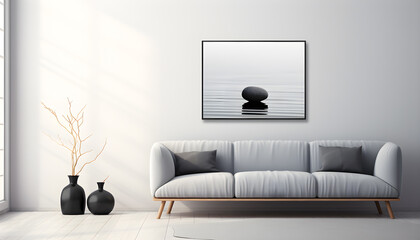 Modern bright interiors. Modern living room with white walls, simple couch, plant vase, wall photo frame. Modern minimalist interior design. Generated AI illustration.