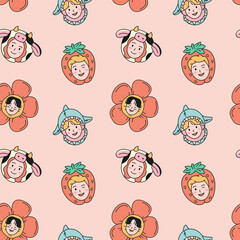 Seamless pattern with portraits of young people in funny hats.