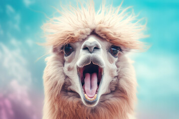 Surprised Llama with Curly Hair and Playful Expression