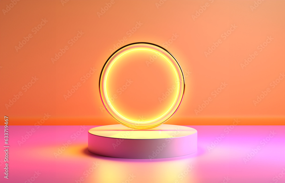 Fototapete abstract minimal concept. modern yellow pink neon podium stage platform display with glowing frame r