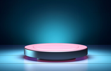 Abstract minimal concept. Modern pink with blue rim neon glowing podium stage platform display on...