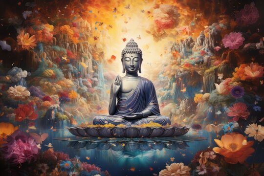Serene buddha amidst flowers, a peaceful oasis, Generative AI