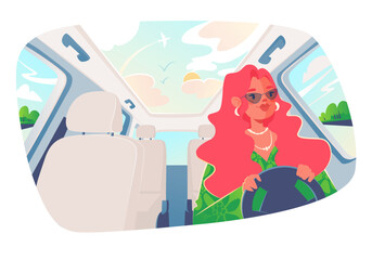 Female driver. Vector illustration in cartoon style with girl who drives car, sits on front seat behind wheel. Interior of car, view from inside. Character is going to work or rest on own automobile 