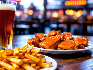 Buffalo chicken wings, french fries and draft beer