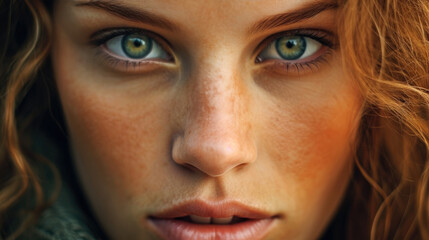 Fototapeta premium Extremely Close-up portrait of pretty Seafarer lady, intense eyes. Generative AI